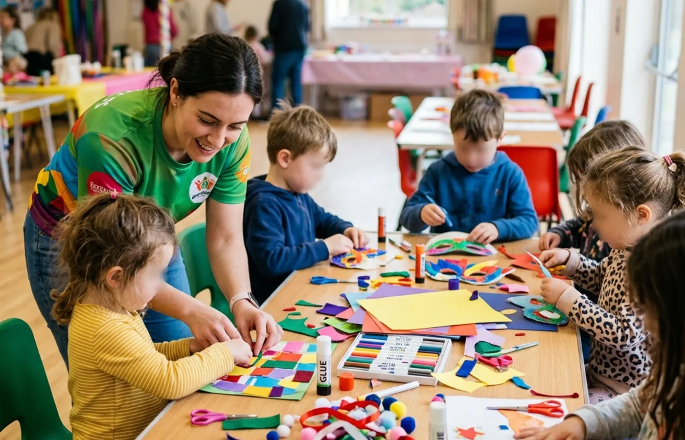 Animator/îndrumător și copii la o masă cu hârtie colorată, foarfeci și materiale de lucru.